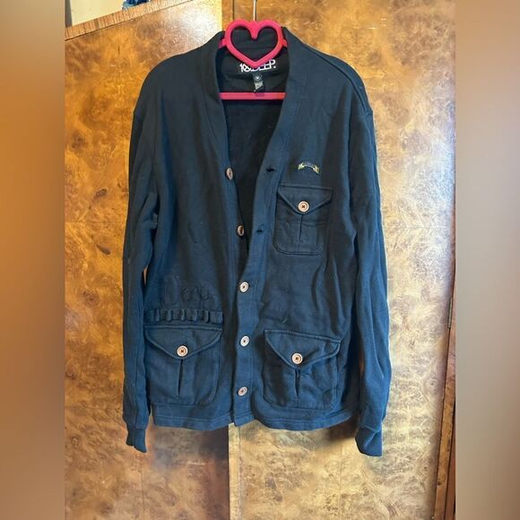 Ten 10.Deep black veterans card fleece cardigan sweater - Picture 1 of 5